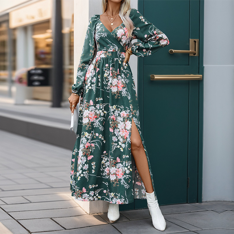 Midi haljina od poliestera s V-izrezom, dugi rukavi, cvjetni uzorak