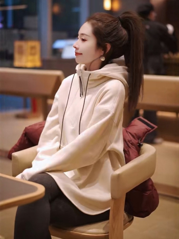 Női kapucnis pulóver fleece-béléssel, vastag, hosszú ujjú, laza szabású