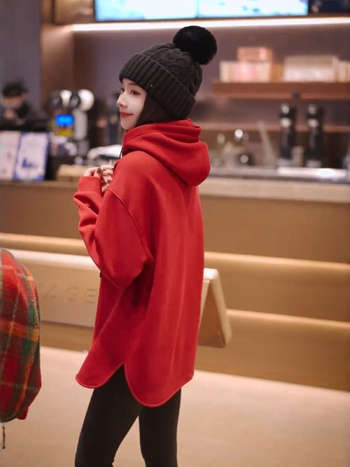 Női kapucnis pulóver fleece-béléssel, vastag, hosszú ujjú, laza szabású