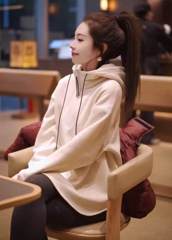 Női kapucnis pulóver fleece-béléssel, vastag, hosszú ujjú, laza szabású