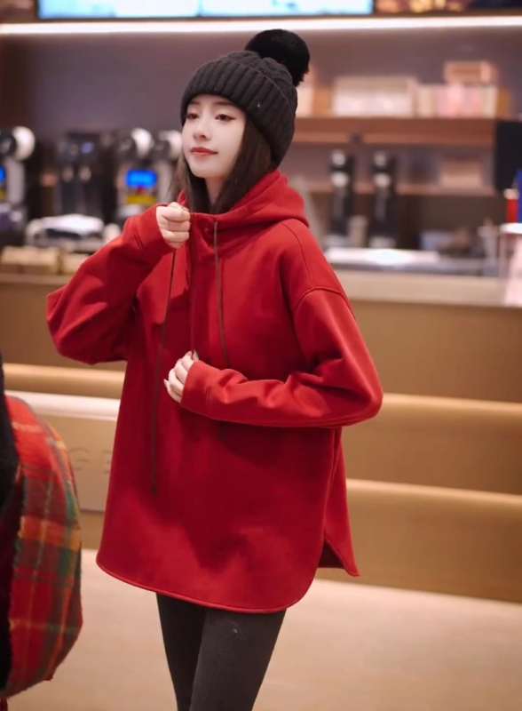 Női kapucnis pulóver fleece-béléssel, vastag, hosszú ujjú, laza szabású