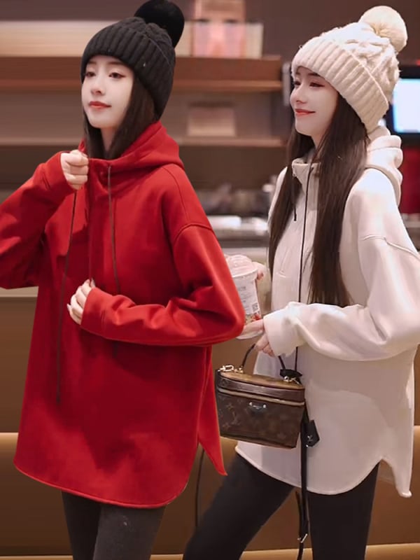 Női kapucnis pulóver fleece-béléssel, vastag, hosszú ujjú, laza szabású