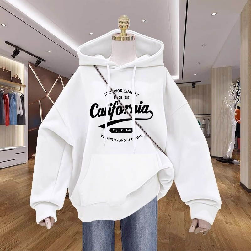 Ženski jesenski hoodie s kapuljačom, debeli flis iznutra, jednobojna boja s otiskom, moderan gornji dio