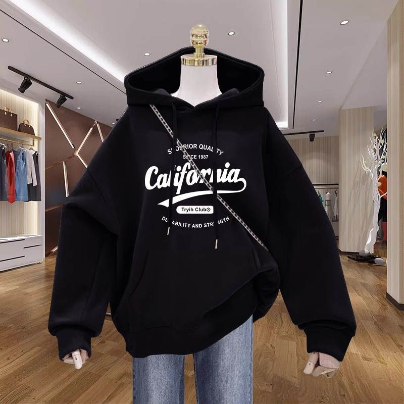 Ženski jesenski hoodie s kapuljačom, debeli flis iznutra, jednobojna boja s otiskom, moderan gornji dio