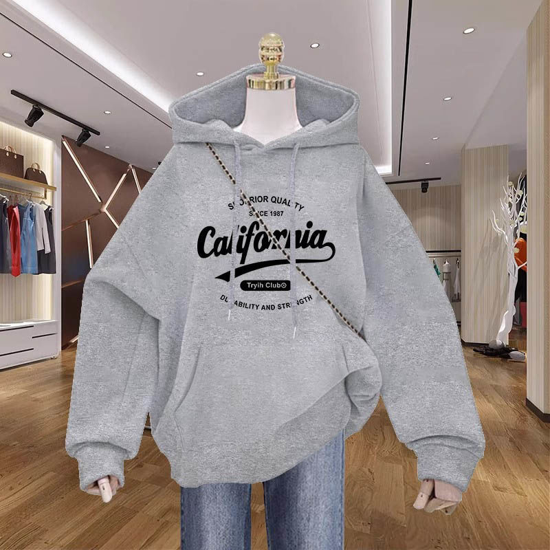 Ženski jesenski hoodie s kapuljačom, debeli flis iznutra, jednobojna boja s otiskom, moderan gornji dio