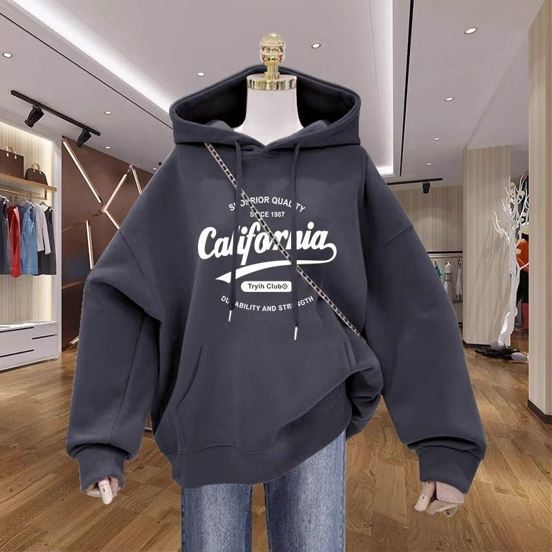 Ženski jesenski hoodie s kapuljačom, debeli flis iznutra, jednobojna boja s otiskom, moderan gornji dio