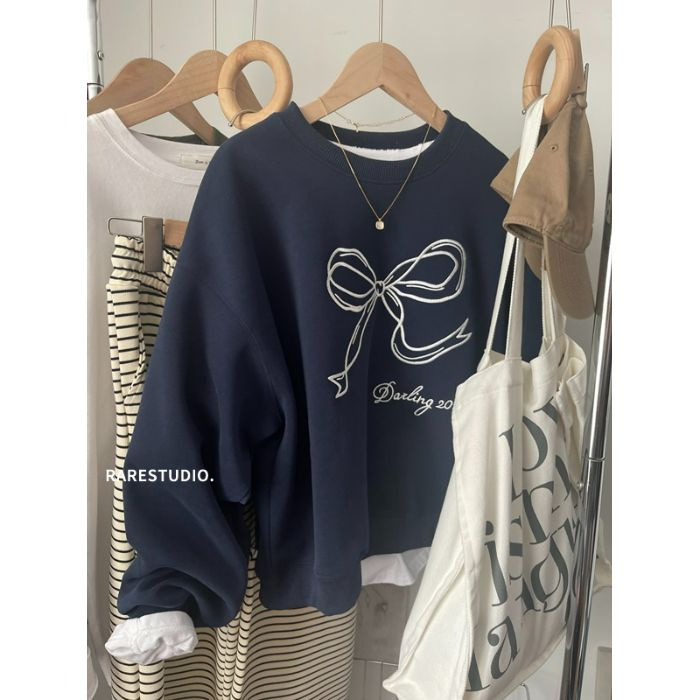 Mikina s mašnicom, slobodan kroj, okrugli izrez, dugi rukavi, pamuk, korejski stil, za žene