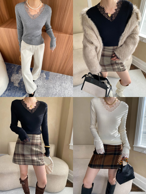 V-kaelusega kampsun, sale lõige, paks kudum, polüester-nailon segu, pikkade varrukatega.