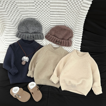 Korejiečių stiliaus vaikiškas megztinis, unisex, rudenį–žiema, storesnis akrilo mezginys, apvalus kaklas, ilgos rankovės, vienarūšis dizainas, skirtas vaikams 1–3 metams