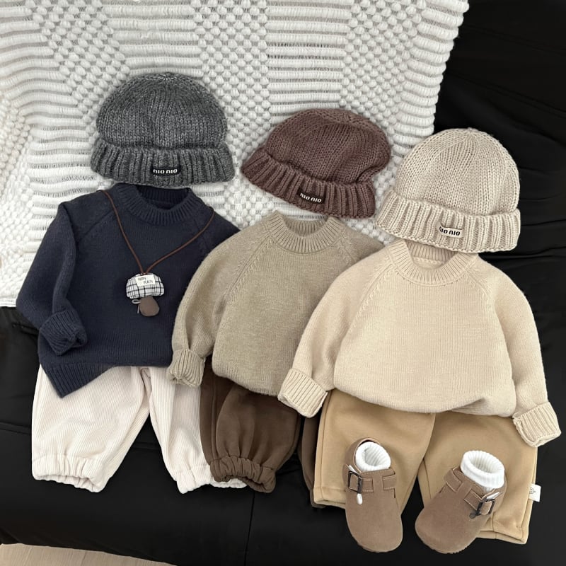 Korejiečių stiliaus vaikiškas megztinis, unisex, rudenį–žiema, storesnis akrilo mezginys, apvalus kaklas, ilgos rankovės, vienarūšis dizainas, skirtas vaikams 1–3 metams