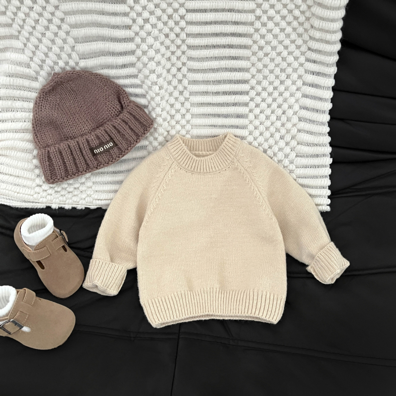 Korejiečių stiliaus vaikiškas megztinis, unisex, rudenį–žiema, storesnis akrilo mezginys, apvalus kaklas, ilgos rankovės, vienarūšis dizainas, skirtas vaikams 1–3 metams