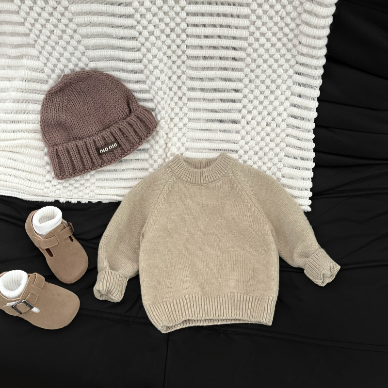 Korejiečių stiliaus vaikiškas megztinis, unisex, rudenį–žiema, storesnis akrilo mezginys, apvalus kaklas, ilgos rankovės, vienarūšis dizainas, skirtas vaikams 1–3 metams