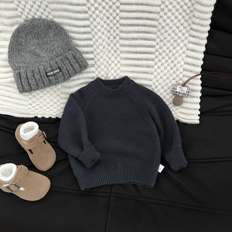 Korejiečių stiliaus vaikiškas megztinis, unisex, rudenį–žiema, storesnis akrilo mezginys, apvalus kaklas, ilgos rankovės, vienarūšis dizainas, skirtas vaikams 1–3 metams