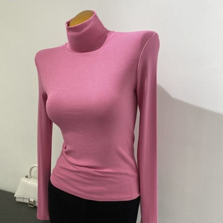 Meko osnovno gornje s visokim ovratnikom, ribano-elastični materijal, korejski stil za jesen-zimu
