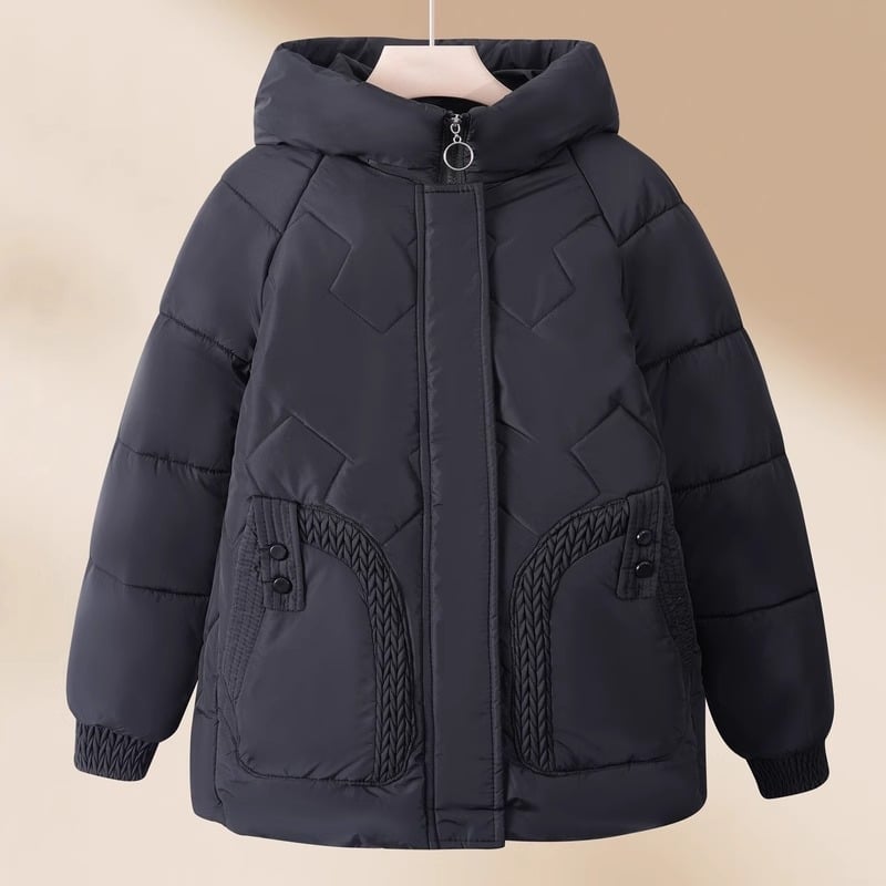 Kakla kapuces jaka ar kokvilnas pildījumu, bieza ziemas ārējā jaka ar ziedu rakstu, brīvs piegriezums, ārējais materiāls poliesters 80–90%