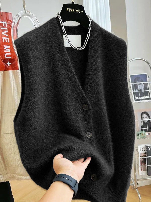 Siva pleteni bezrukavni kardigan-vest za jesen-zimu, široka silueta, V-izrez