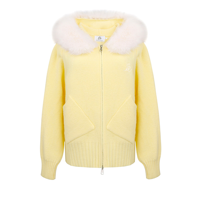 Koreai stílusú női kötött kapucnis kardigán prémes gallérral, cipzárral, viszkóz fonalból készült, csíkos/kockás mintával