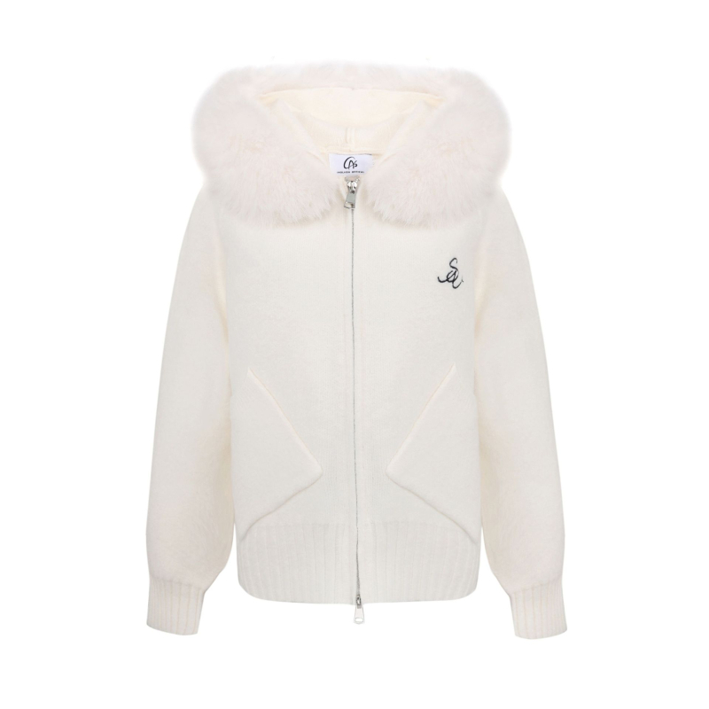 Koreai stílusú női kötött kapucnis kardigán prémes gallérral, cipzárral, viszkóz fonalból készült, csíkos/kockás mintával