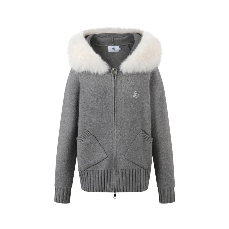 Koreai stílusú női kötött kapucnis kardigán prémes gallérral, cipzárral, viszkóz fonalból készült, csíkos/kockás mintával