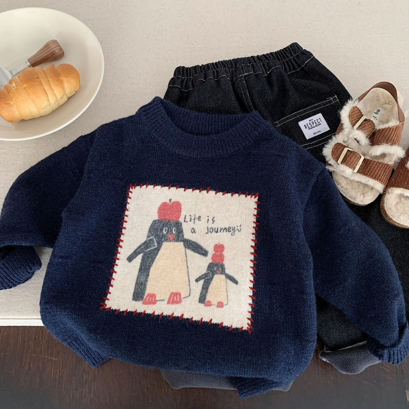 Детски дебел зимен плетен пуловер — с кръгло деколте, дълги ръкави, принт с анимационни герои, памук-вискозна смес 60% вискоза, за деца на възраст 1-3 години