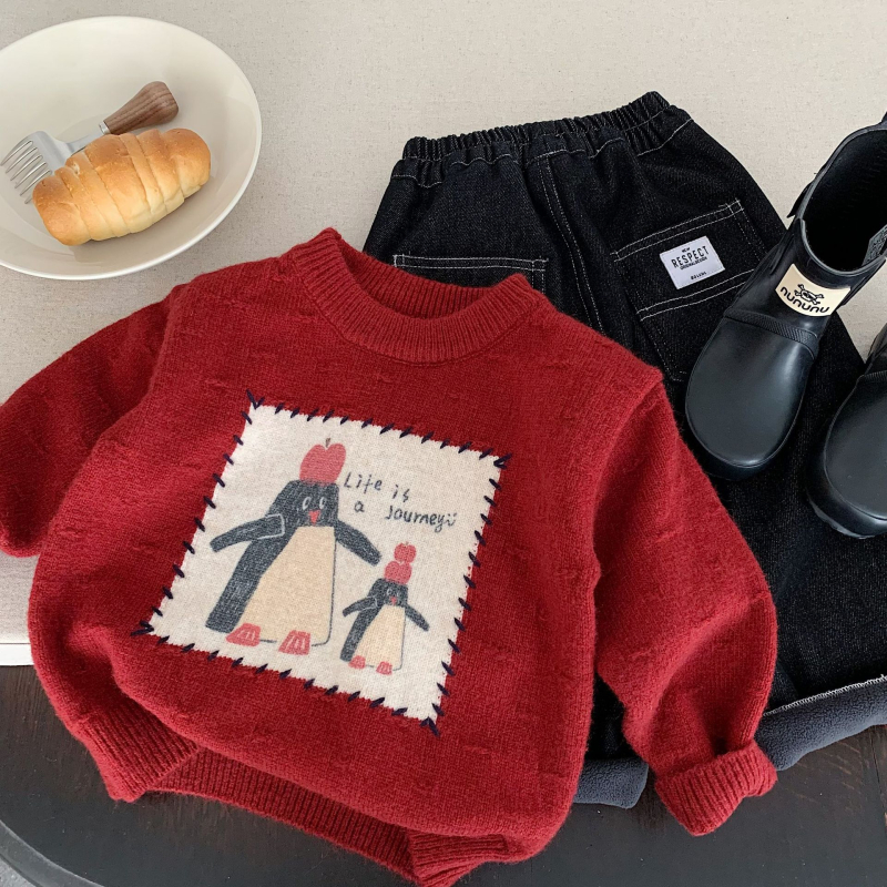 Детски дебел зимен плетен пуловер — с кръгло деколте, дълги ръкави, принт с анимационни герои, памук-вискозна смес 60% вискоза, за деца на възраст 1-3 години