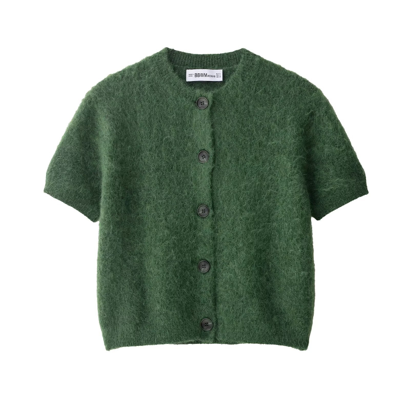 Cardigan-sweter, poliester, okrugli izrez, rukavi 3/4, japansko-korejski casual stil, jesen 2025