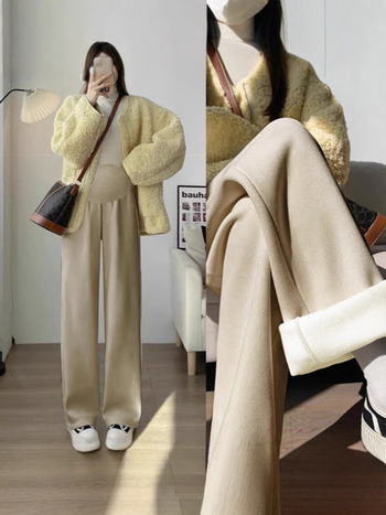 Pantaloni pentru gravide, căptuți cu fleece, groși și comozi, croială largă, susținere pentru burtă, poliester 95%+, spandex <30%