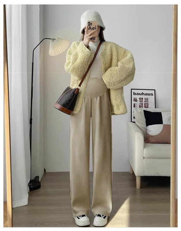 Pantaloni pentru gravide, căptuți cu fleece, groși și comozi, croială largă, susținere pentru burtă, poliester 95%+, spandex <30%
