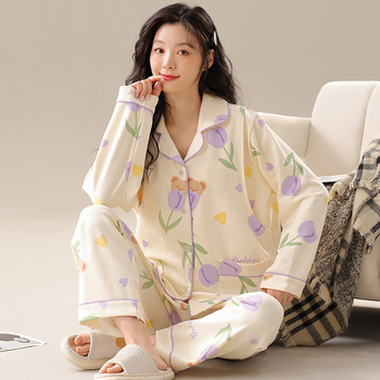 Pavasario nėščiųjų pižamų komplektas — ilgomis rankovėmis, maitinančiai, kvėpuojantis poliesteris 95–100%, namų drabužiai