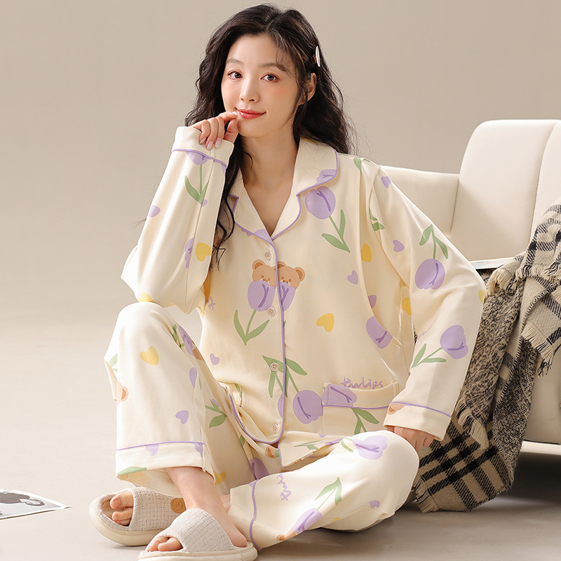 Pavasario nėščiųjų pižamų komplektas — ilgomis rankovėmis, maitinančiai, kvėpuojantis poliesteris 95–100%, namų drabužiai