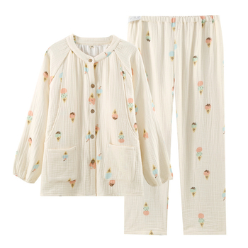 Nėščiųjų ir žindymo pižama iš medvilninės marlės – keturi sluoksniai, ilgos rankovės, apvali kaklo linija, tanki 100% medvilnė, tinkama žiemai, pavasariui ir rudeniui.