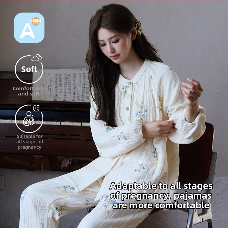 Nėščiųjų ir žindymo pižama iš medvilninės marlės – keturi sluoksniai, ilgos rankovės, apvali kaklo linija, tanki 100% medvilnė, tinkama žiemai, pavasariui ir rudeniui.