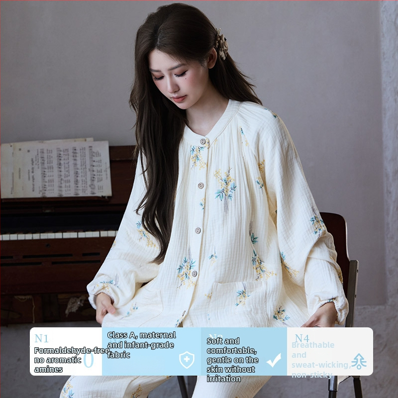 Četrslāņu kokvilnas pidžama grūtniecēm un zīdīšanai ar garām piedurknēm un apaļu kaklu, bieza 100% kokvilna, piemērota ziemai, pavasarim un rudenim.