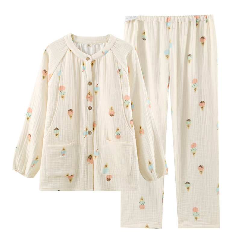 Nėščiųjų ir žindymo pižama iš medvilninės marlės – keturi sluoksniai, ilgos rankovės, apvali kaklo linija, tanki 100% medvilnė, tinkama žiemai, pavasariui ir rudeniui.