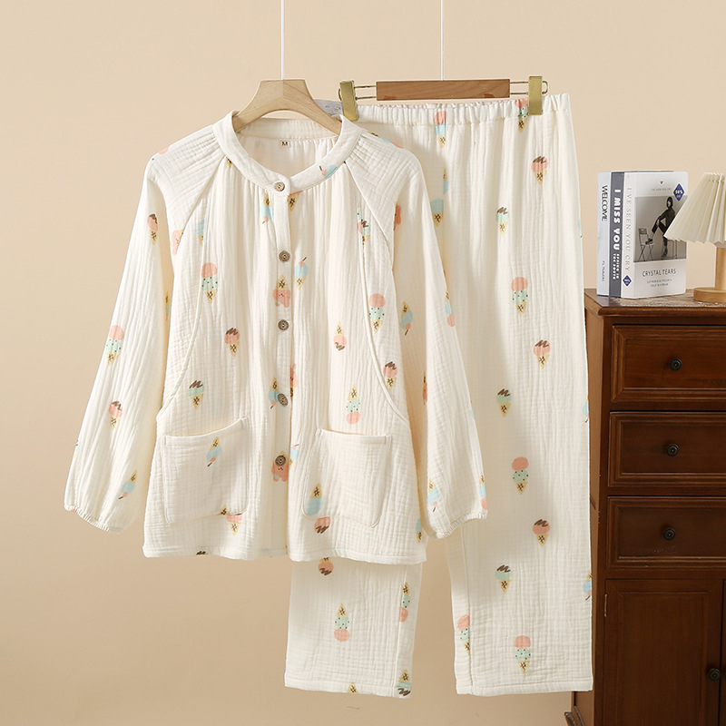 Nėščiųjų ir žindymo pižama iš medvilninės marlės – keturi sluoksniai, ilgos rankovės, apvali kaklo linija, tanki 100% medvilnė, tinkama žiemai, pavasariui ir rudeniui.