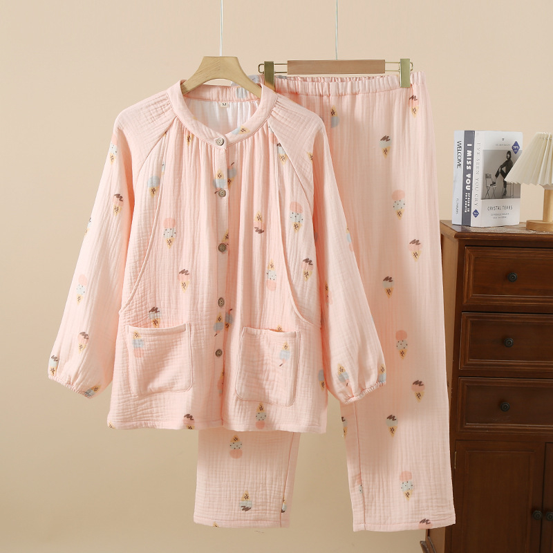 Nėščiųjų ir žindymo pižama iš medvilninės marlės – keturi sluoksniai, ilgos rankovės, apvali kaklo linija, tanki 100% medvilnė, tinkama žiemai, pavasariui ir rudeniui.