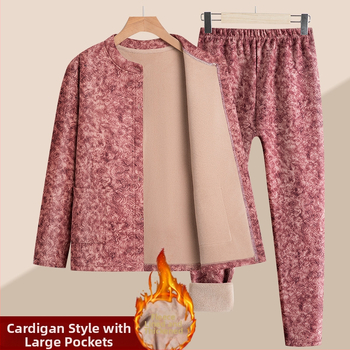 Termilise kardigani komplekt eakatele naistele – lillemustriga, Cloud warm velvet, pikkade varrukatega, ümmarguse kaelusega, 251–300 g/m2