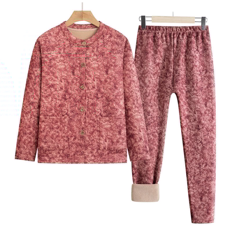 Θερμικό σετ ζακέτας για ηλικιωμένες γυναίκες – φλοράλ σχέδιο, Cloud warm velvet, μακριά μανίκια, στρογγυλός λαιμός, 251–300 g/m2