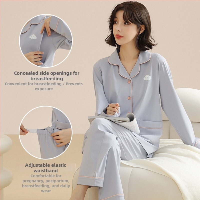Nėščiųjų pižaminis komplektas su kardiganu maitindami – 100% medvilnė, ilgomis rankovėmis, ilgos kelnės, vidutinio tankio audinys, prekės ženklas Yubang