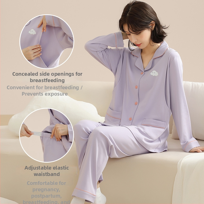 Nėščiųjų pižaminis komplektas su kardiganu maitindami – 100% medvilnė, ilgomis rankovėmis, ilgos kelnės, vidutinio tankio audinys, prekės ženklas Yubang