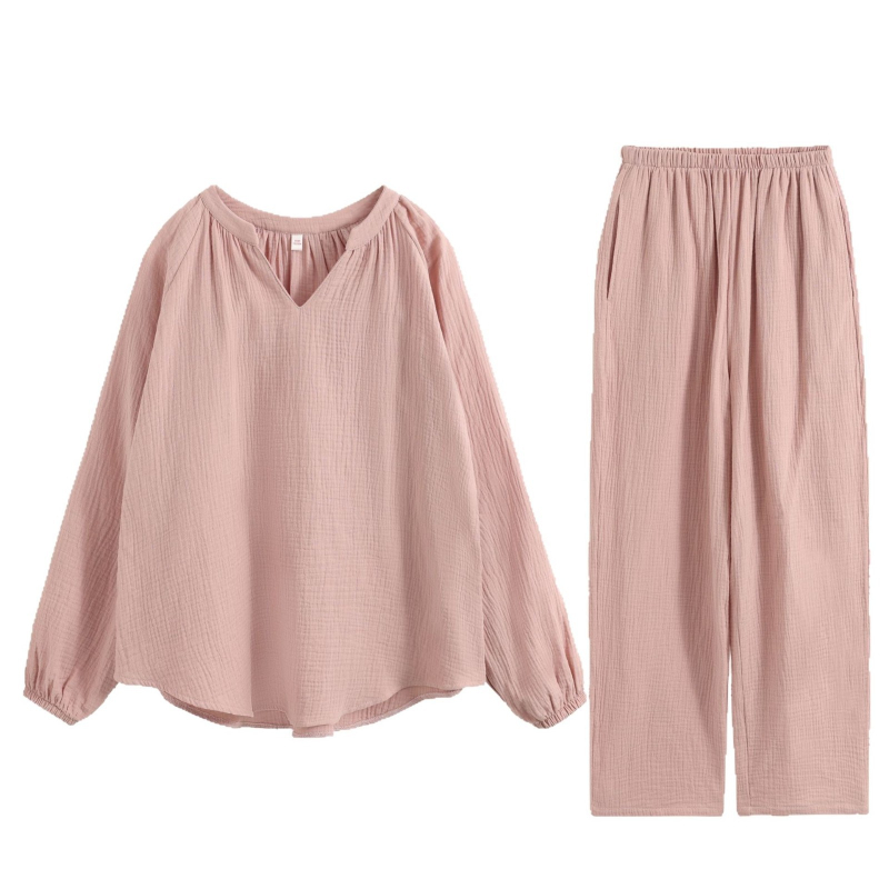 Set de pijamale pentru femei, 95–100% bumbac, decolteu în V, croială lejeră, primăvară-vară-toamnă