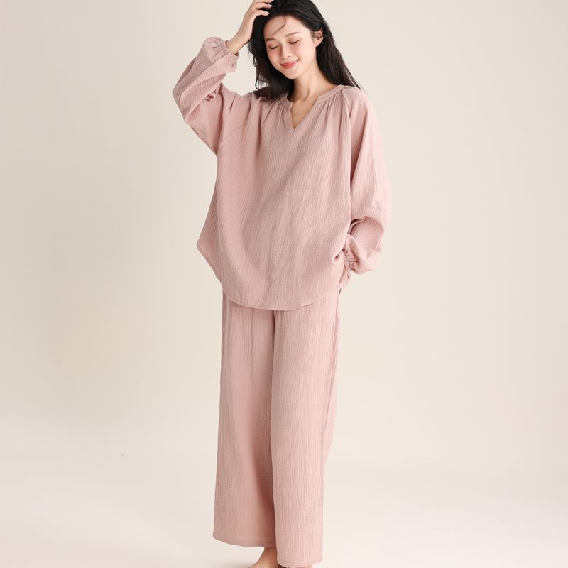 Set de pijamale pentru femei, 95–100% bumbac, decolteu în V, croială lejeră, primăvară-vară-toamnă