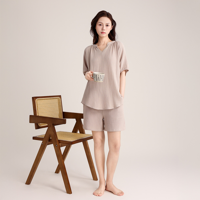 Set de pijamale pentru femei, 95–100% bumbac, decolteu în V, croială lejeră, primăvară-vară-toamnă
