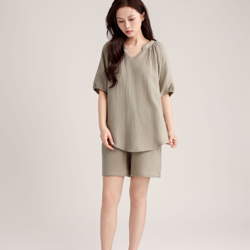 Set de pijamale pentru femei, 95–100% bumbac, decolteu în V, croială lejeră, primăvară-vară-toamnă