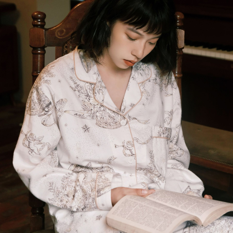 Pizsama készlet, 100% pamut, francia stílus, bő fazon, hosszú ujjú, alkalmas téli, tavaszi és őszi időszakra