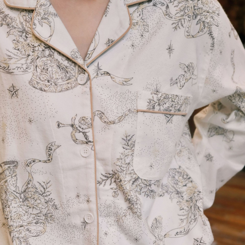 Pizsama készlet, 100% pamut, francia stílus, bő fazon, hosszú ujjú, alkalmas téli, tavaszi és őszi időszakra