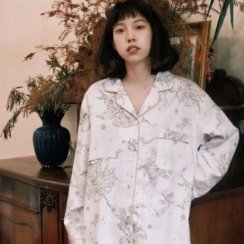 Pizsama készlet, 100% pamut, francia stílus, bő fazon, hosszú ujjú, alkalmas téli, tavaszi és őszi időszakra