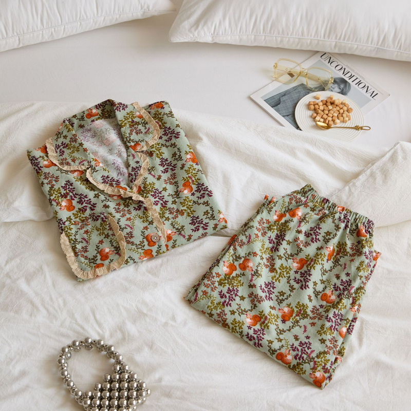 Pizsama készlet, 100% pamut, francia stílus, bő fazon, hosszú ujjú, alkalmas téli, tavaszi és őszi időszakra