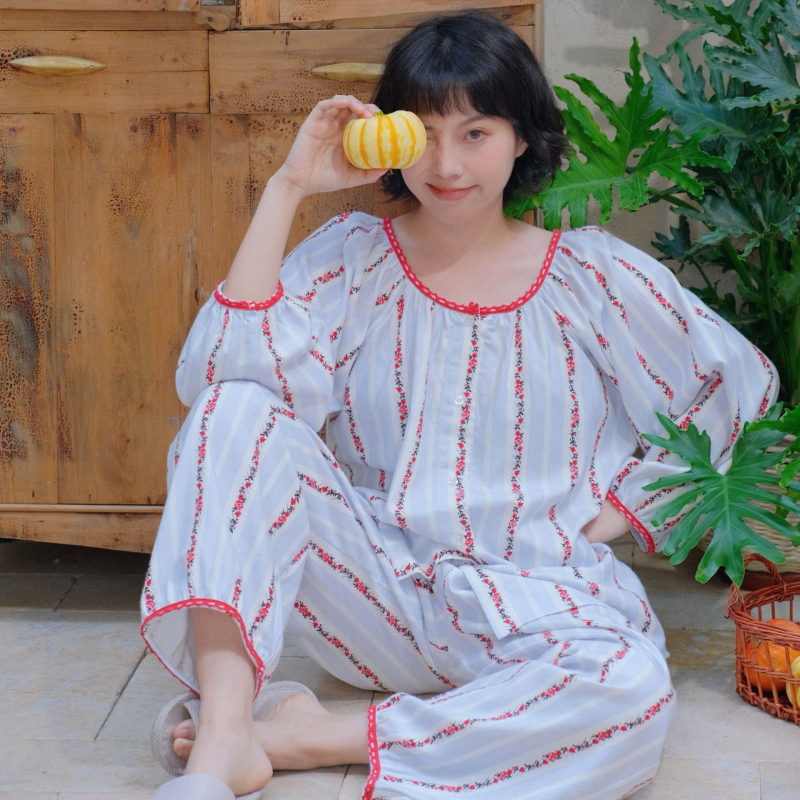 Pizsama készlet, 100% pamut, francia stílus, bő fazon, hosszú ujjú, alkalmas téli, tavaszi és őszi időszakra