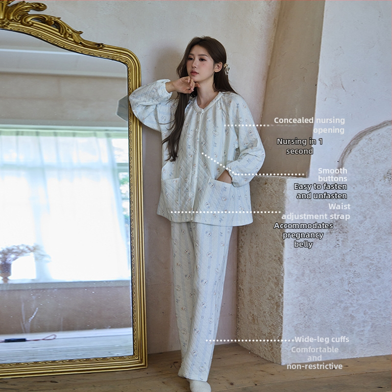 Sieviešu pēcdzemdību pidžamu komplekts – 100% kokvilna, trīsslāņu biezs audums (251-300 g/m²), barošanas atvērums, garas piedurknes, apaļš kakls